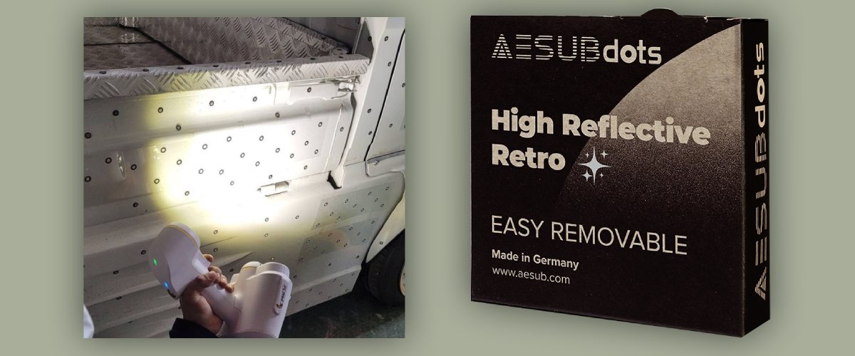 Markers for laser 3D scanner AESUBdots High Reflective Retro Easy, photo in work