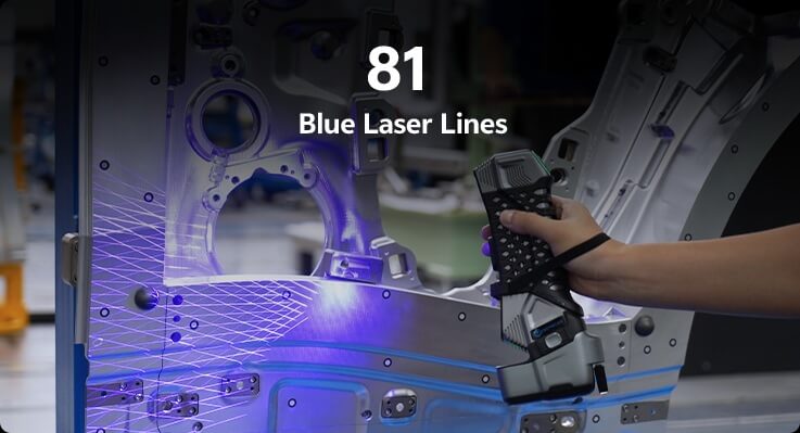 Blue laser lines pattern of the SIMSCAN-E capturing complex geometry.